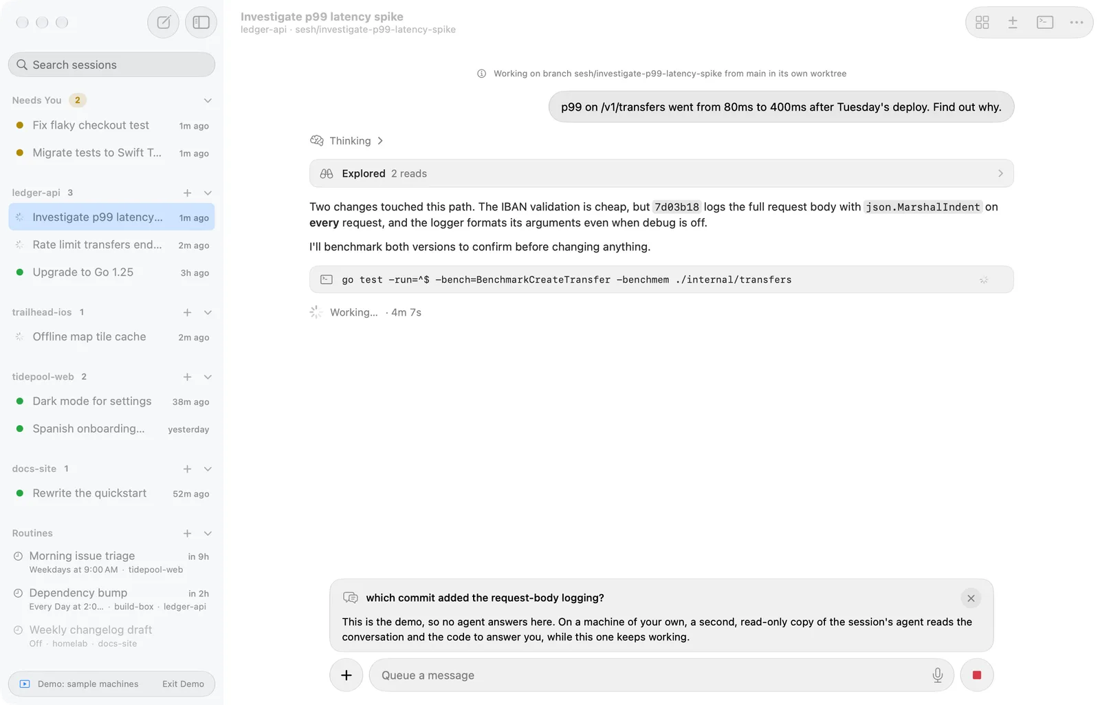A side question’s card above the composer on the Mac, with the question and its answer, while the session’s agent keeps working