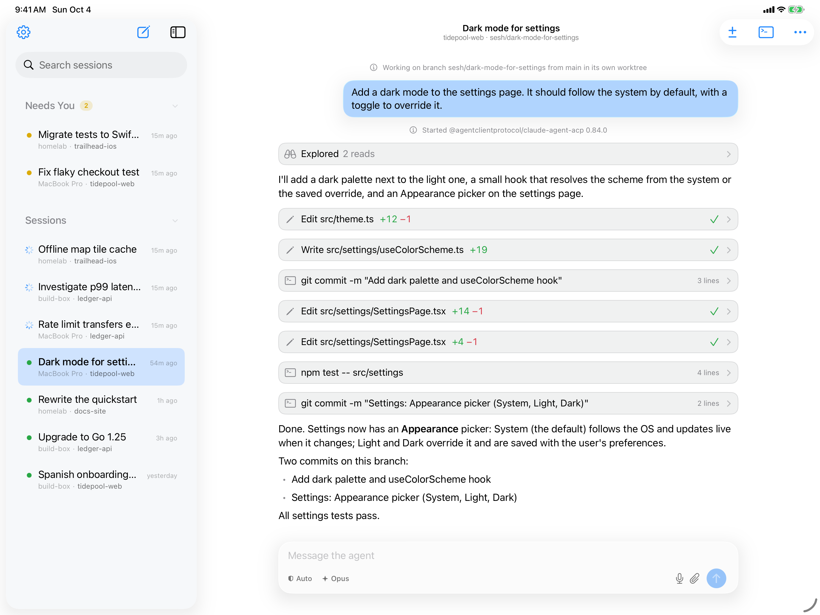Sesh on iPad in landscape: the sidebar with Needs You beside a finished Claude Code session