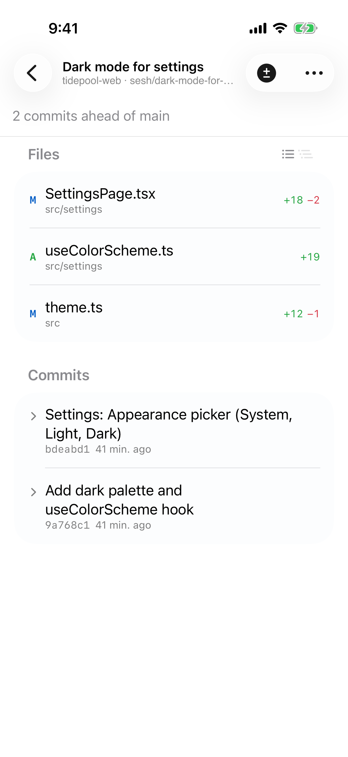 The Changes view on iPhone with changed files and commits