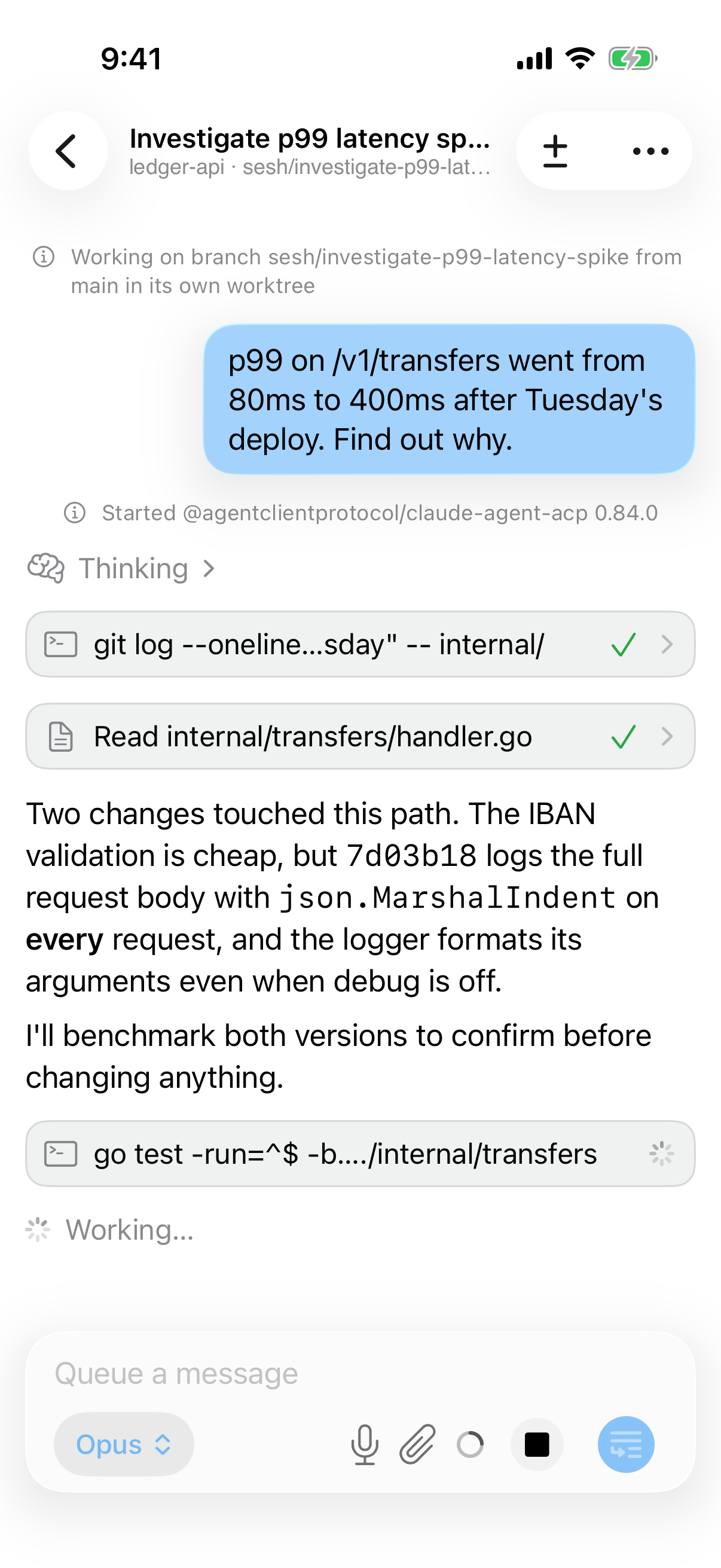 A Sesh chat on iPhone with the agent at work