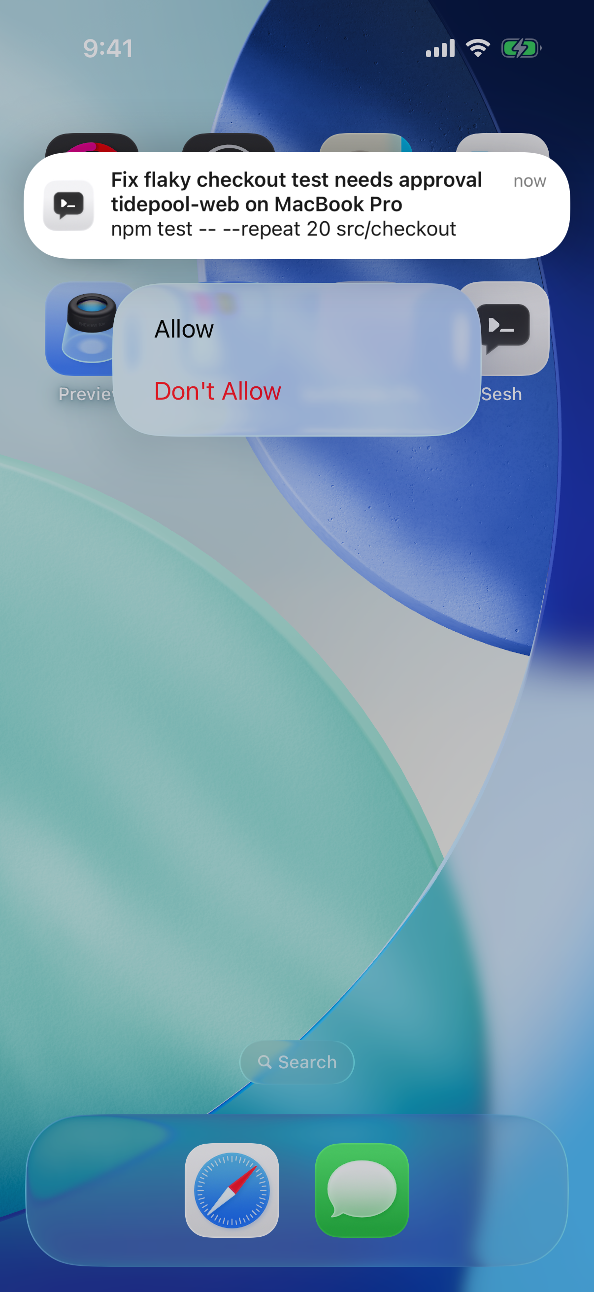 A Sesh notification on iPhone asking to run npm test, pulled down to show Allow and Don’t Allow