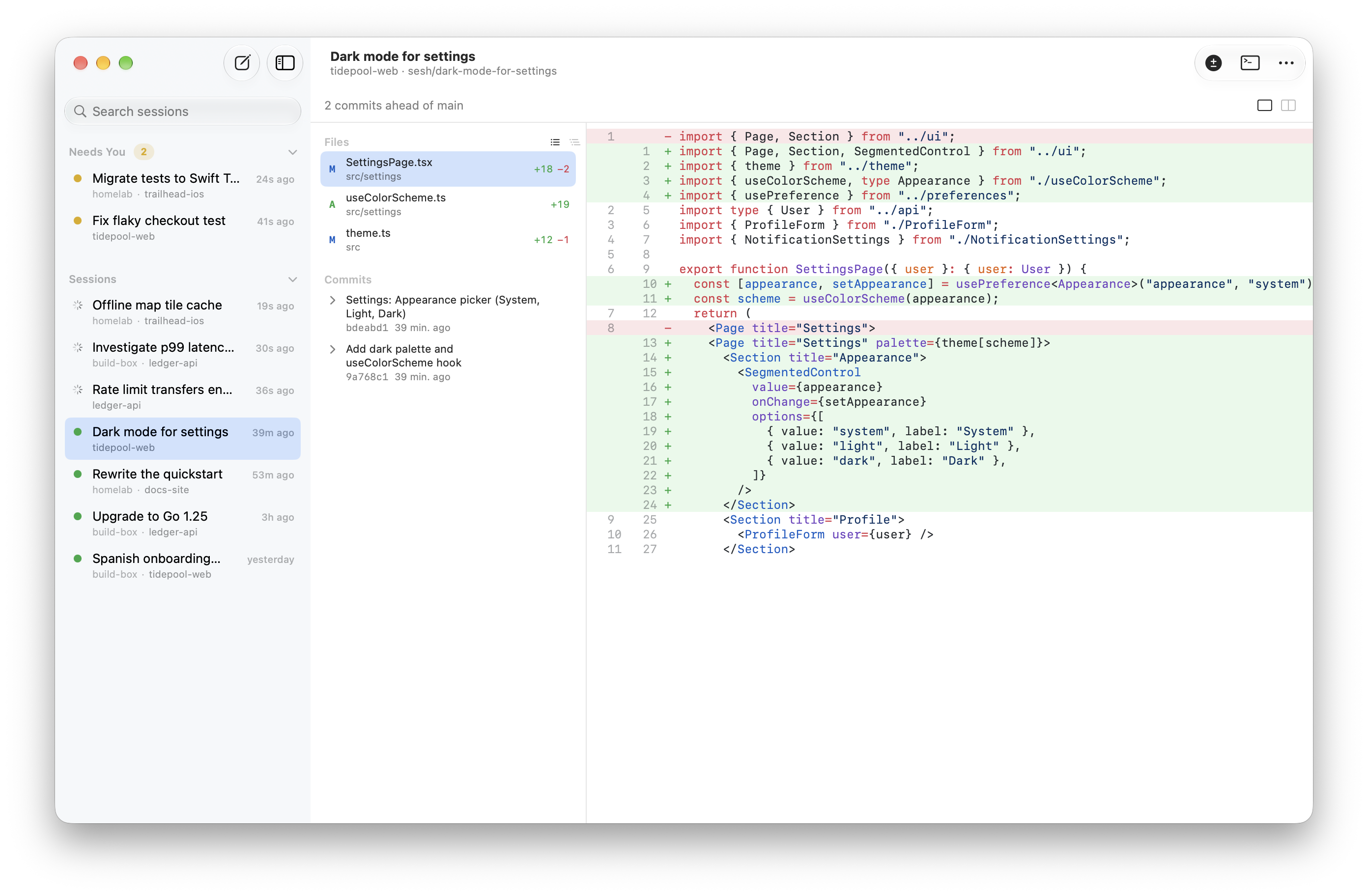 The Changes view on Mac: changed files, a diff and the branch’s commits