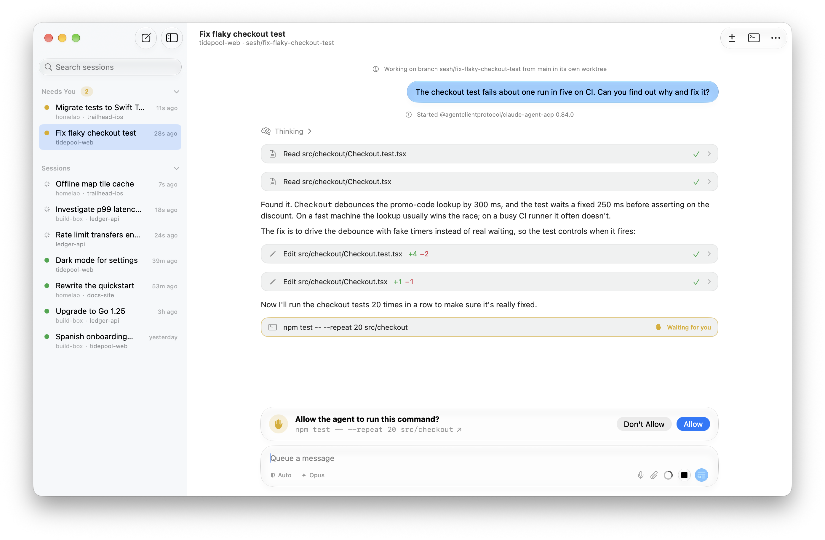 Sesh on Mac: the sidebar lists sessions across machines, with two under Needs You, and a Claude Code chat asks permission to run npm test