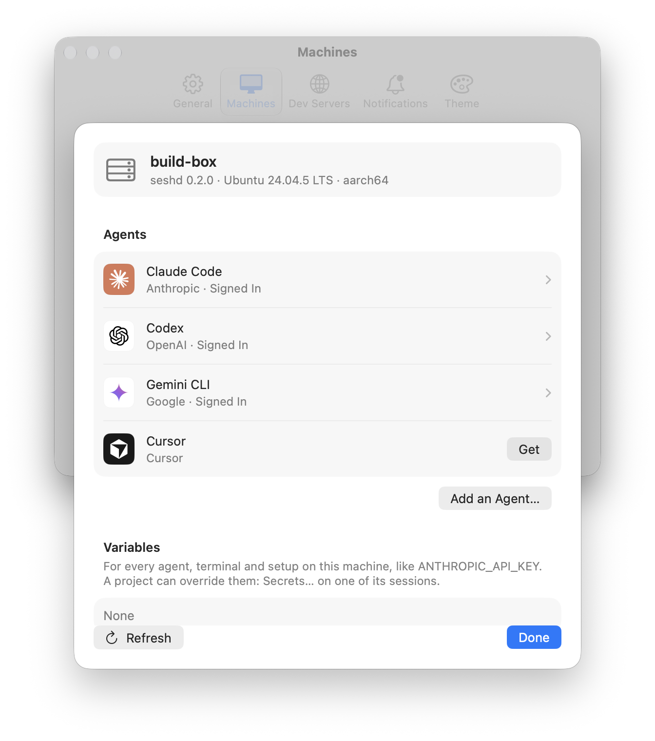 Settings, Machines: a paired machine’s details listing its agents and whether each is signed in