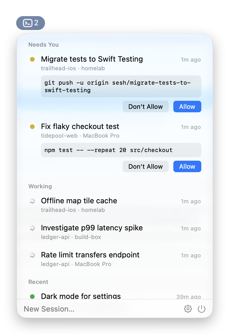 The Sesh menu bar popover with two approvals answerable in place, then working and recent sessions