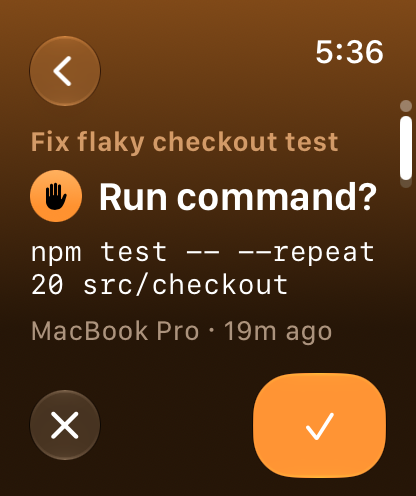 A session’s page on Apple Watch asking to run npm test, with Deny and Allow